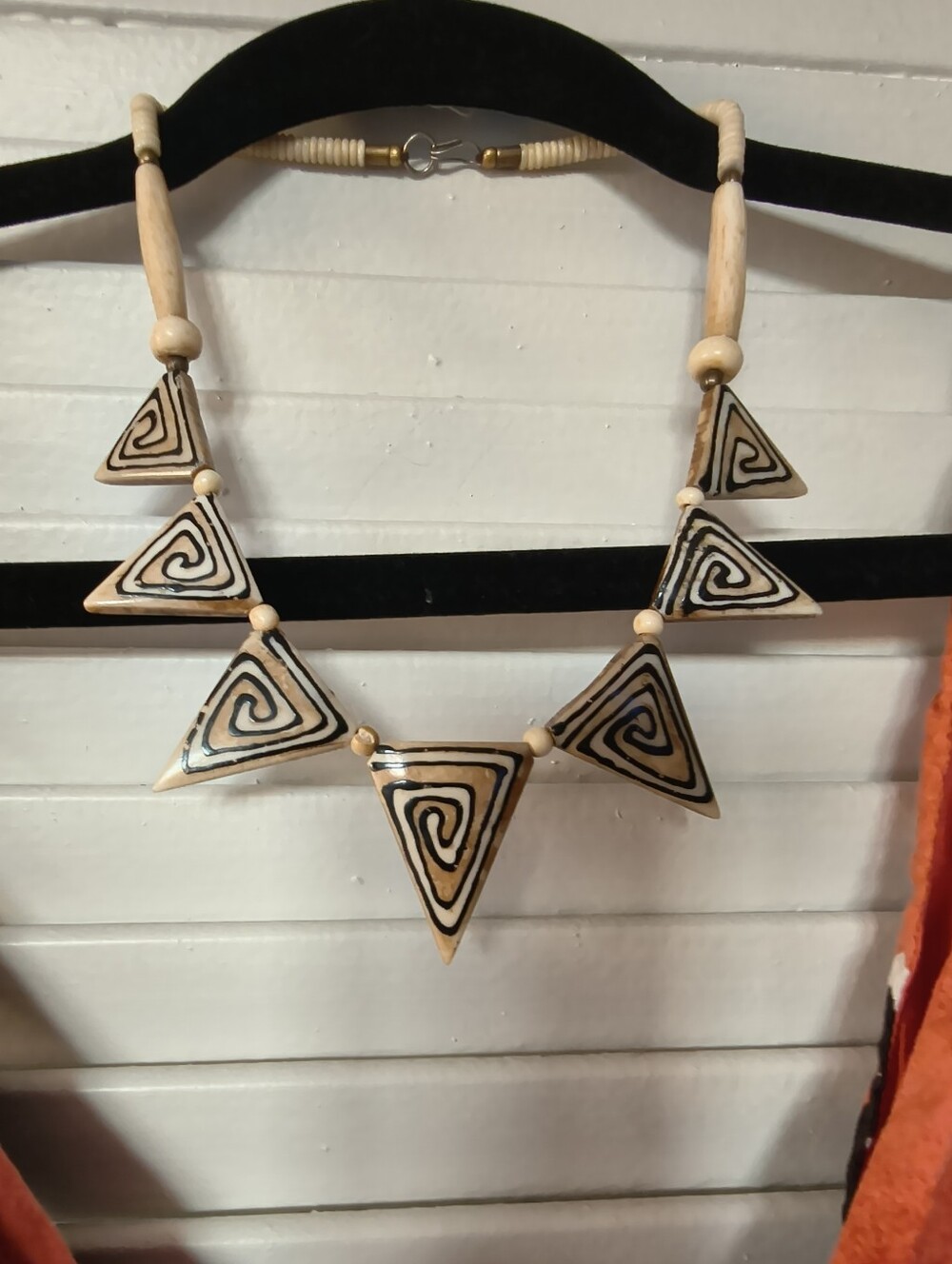 Vintage 70s Batik Carved Bone Triangle Bib Necklace